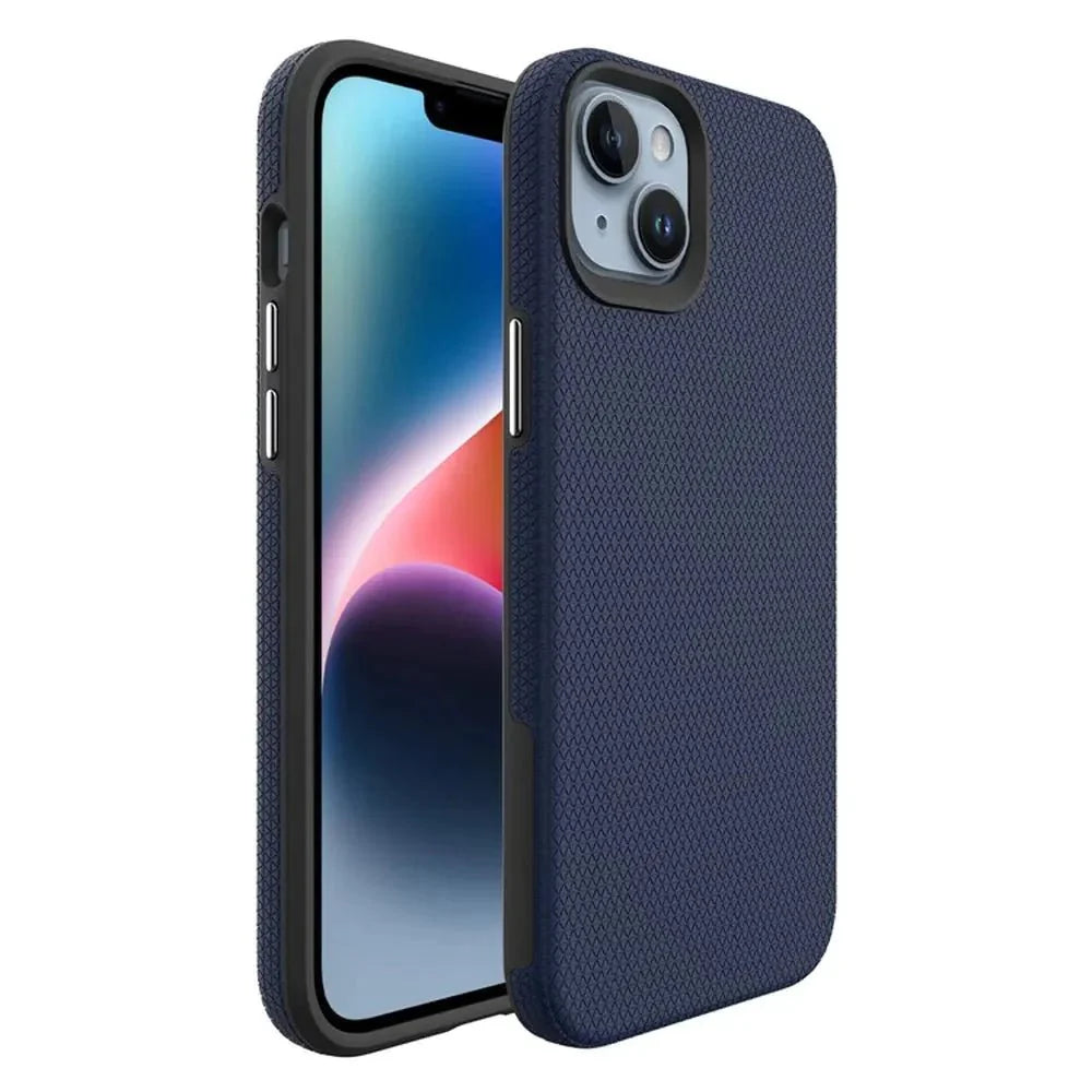 Blue phone case with a textured finish on a white background